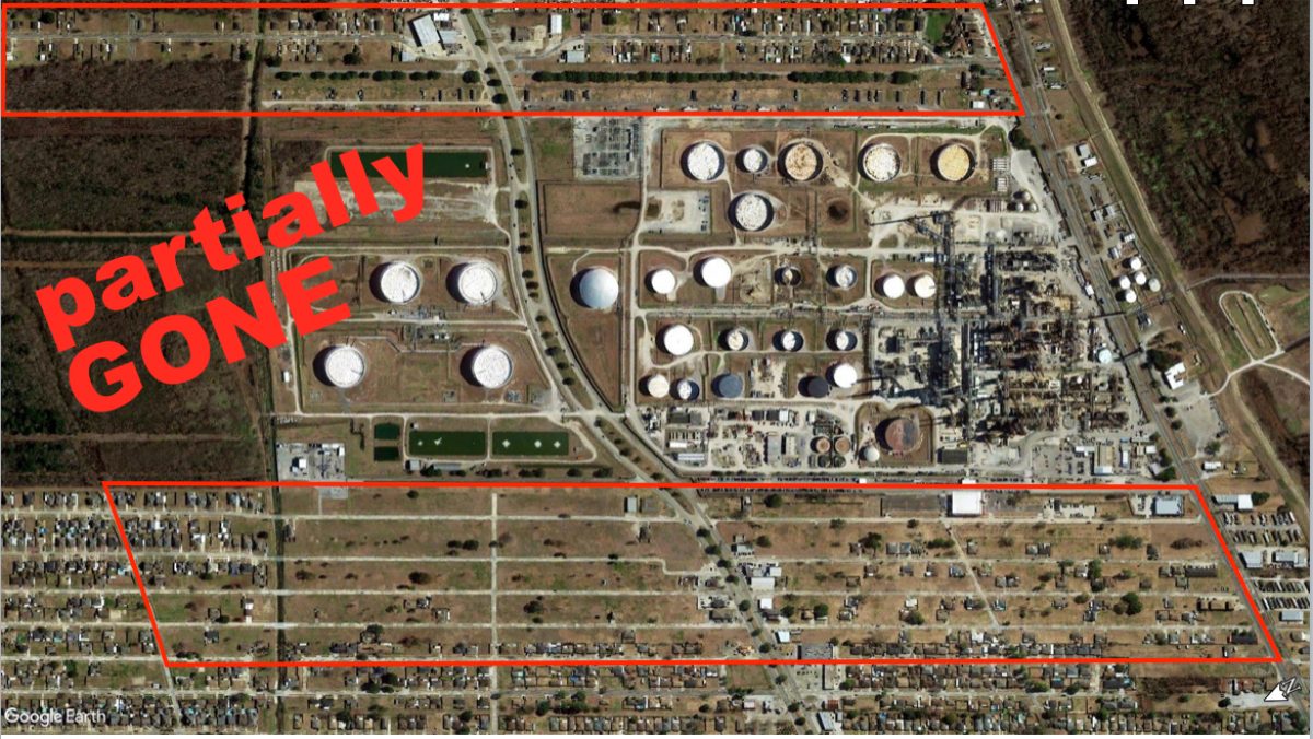 Satellite image showing cleared lots along the fenceline of the Chalmette Refinery in Meraux, LA