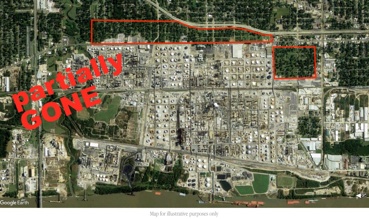Satellite map showing formerly residential lots along the east and south sides of the ExxonMobil Refinery in Baton Rouge, LA